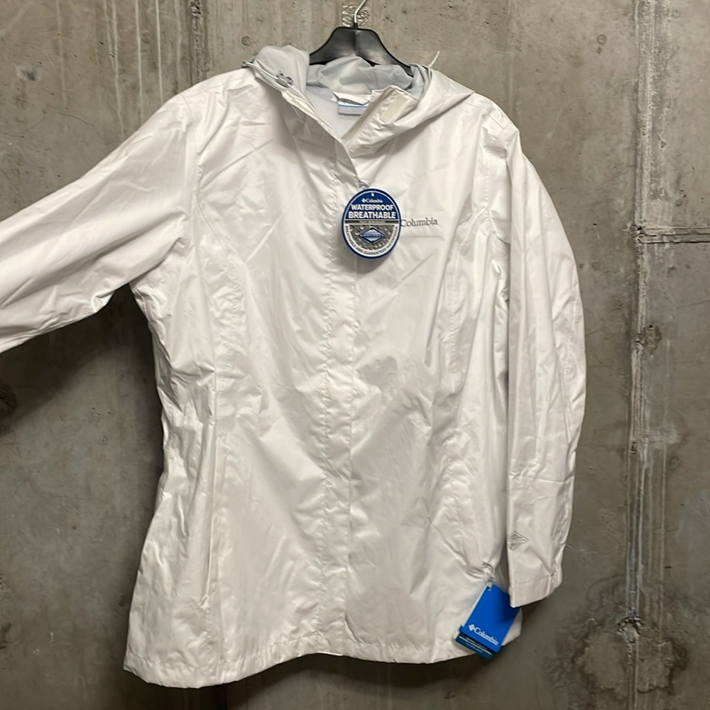 NEW Columbia White Waterproof Omni-Tech Zip-Up Hooded Packable Rain Jacket SZ 1X